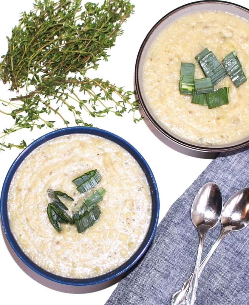 Two bowls of vegan potato leek soup 