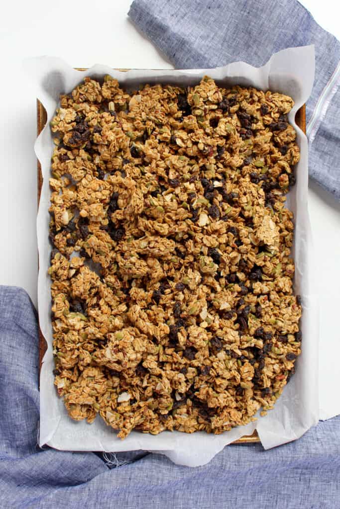 Large baking sheet with finished peanut butter granola on it