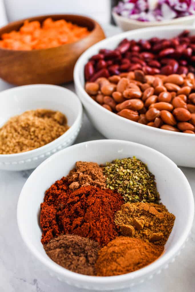 Up close view of the spices used in this chili recipes