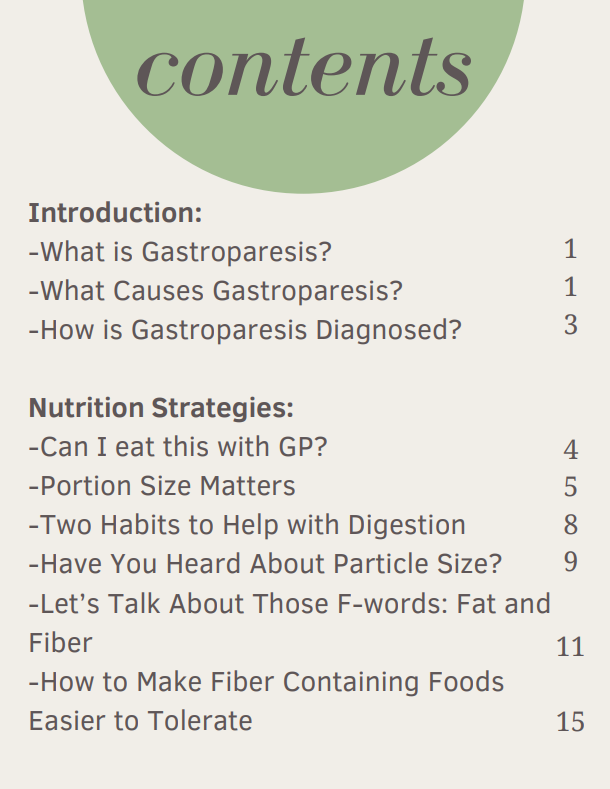 Table of contents of the ebook on how to eat fiber for those with gastroparesis