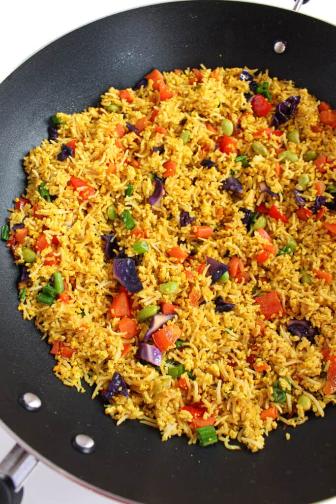 vegan low FODMAP fried rice in a large Wok