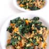 A grain and vegetable salad served on 2 white plates. The salad is comprised of cooked kamut, sauteed kale, orange bell pepper, and sliced mushrooms