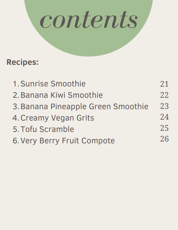 Table of contents of the ebook on how to eat fiber for those with gastroparesis